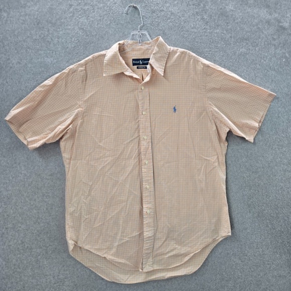 VINTAGE Ralph Lauren Men Button Up Shirt Large Orange Plaid Logo Embroidered